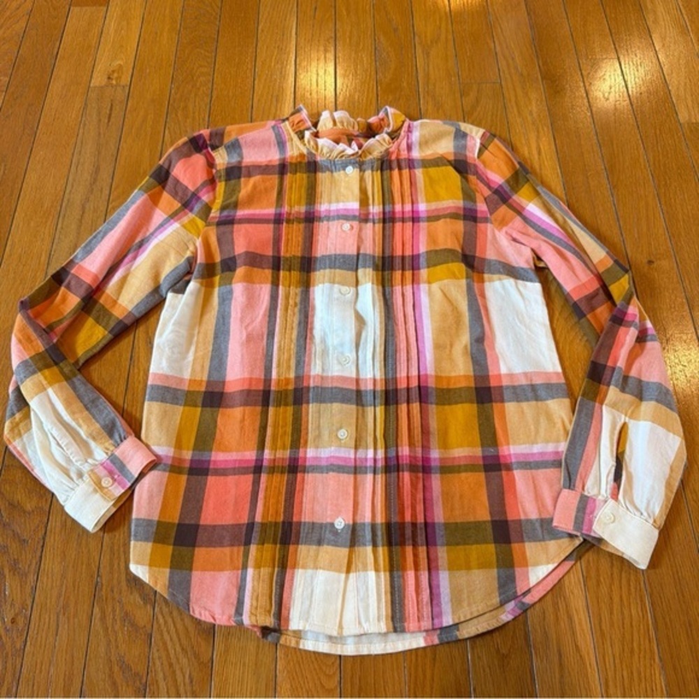 J.Crew Ruffleneck Tuxedo Plaid Button Front Shirt Women’s Size XS Yellow Pink